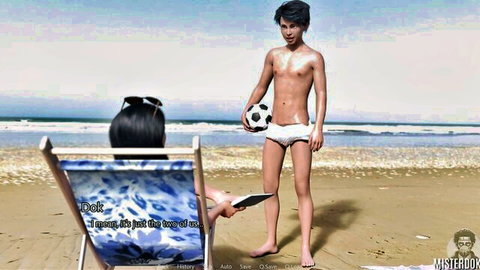 Asian hunk in white speedos holds soccer ball near busty MILF on beach