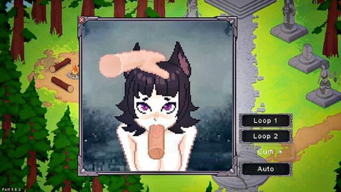 Pixel art black-haired catgirl nude blowjob with headpat sex scene