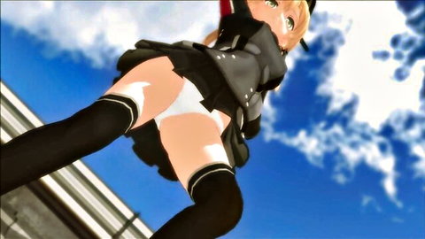 Blonde hentai schoolgirl upskirt flashing tight white panties under short black sailor skirt from behind
