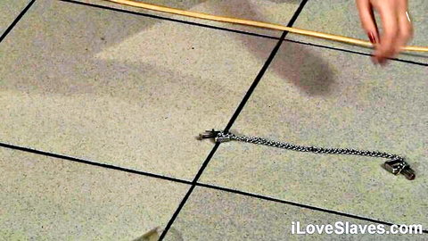 Slutty teen in intense kitchen BDSM with cane and chain restraints