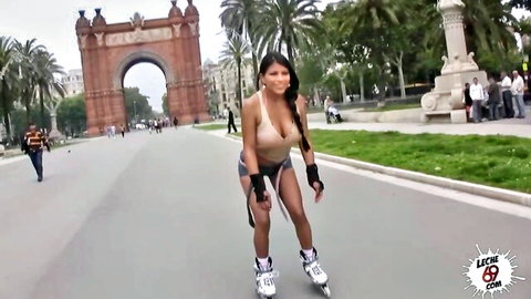 Yoha Galvez busty Latina roller skating in tight tank top and shorts outdoors