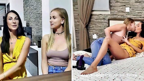 Alison G and Sirena in strap-on lesbian sex from Ersties interview to action