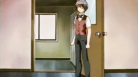Anime waiter boy in vest and bowtie standing in doorway, Pia Carrot Ep.2