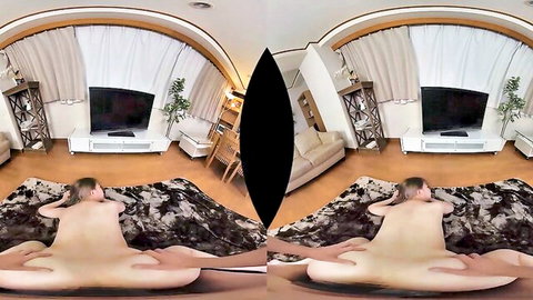 Cute Asian babe naked in VR solo, legs spread wide exposing pussy