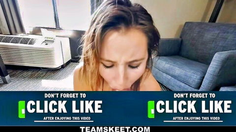 Blonde cocksucker in hotel room with gorgeous titties performing oral
