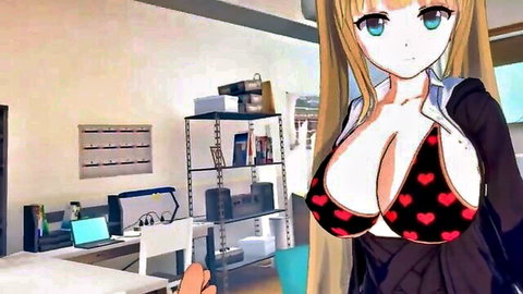 Blonde hentai anime girl with huge tits rubs boobs in sexy office tease
