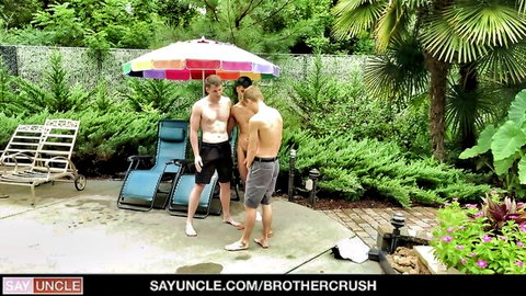 Shirtless stepbrothers lounging poolside in steamy family tease