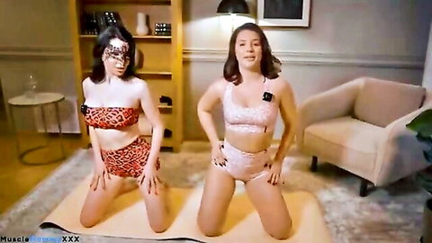 Anna and Veronica in sexy yoga poses for beginners, relaxing evening flow
