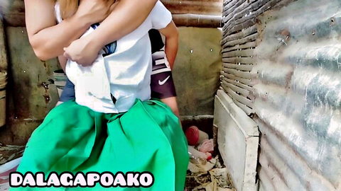 18-year-old Pinay student in green skirt fucked by manong in backyard