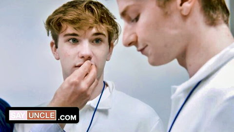 Cole Connor feeds finger to cute young twink in office uniform, Sexerance gay parody