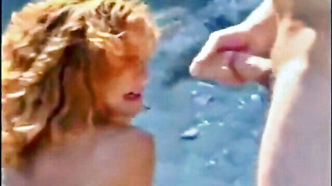 Redhead wife nude side view with stranger's hand on hip in pool