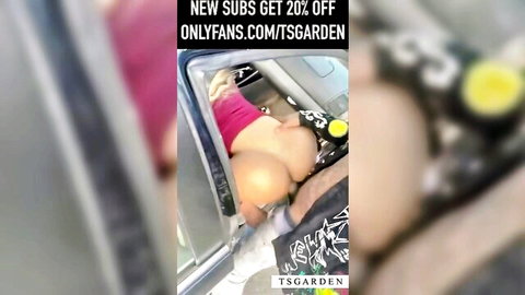 TSGarden ebony TS babe exposes fat bare ass with pink pants down in car public amateur tease