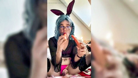 Blue-haired sissy bunny in lingerie sucks carrot in amateur food porn