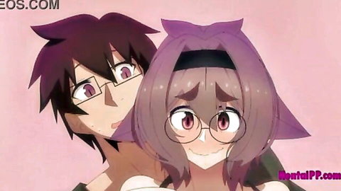 Anime hentai stepmom with glasses and cat ears hugging stepson intimately