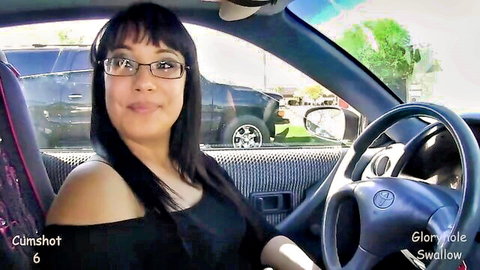 Chubby Latina with glasses in car, smiling in black top for gloryhole debut