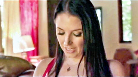 Busty Angela White in red top, seductive close-up tease