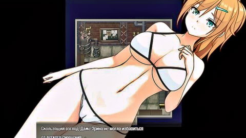 Orange-haired anime girl in tight white bikini, large breasts, seductive pose