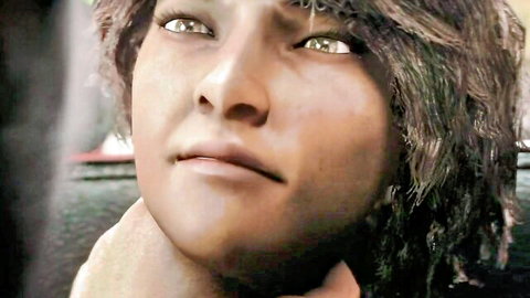 Close-up of young woman with curly brown hair and expressive eyes, thoughtful gaze