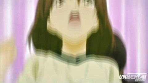 Anime busty stepsister with shocked expression during deep throat cumshot