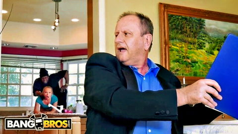 AJ Applegate surprised in kitchen by suited man for steamy bang
