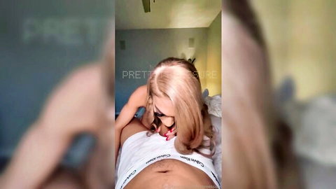 Prettypreessure blonde model in sunglasses giving POV blowjob, crop top tease