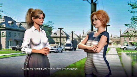 Blonde hentai babe Lily in tight white blouse meets redhead Margaret on suburban street
