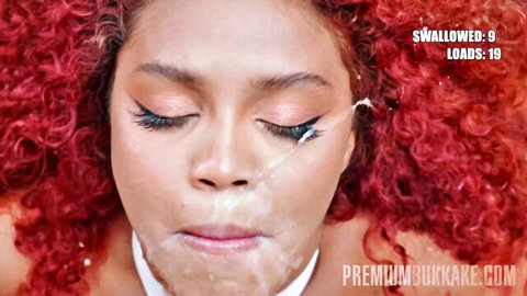 Redhead babe with thick cum dripping from mouth after swallowing 9 bukkake loads