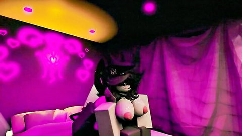 3D hentai witch girl topless flashing huge tits with pink erect nipples in neon purple bedroom
