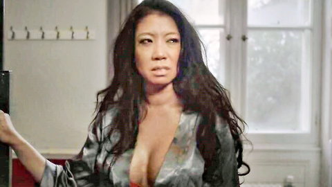 Chrissie Wunna in open silk robe showing deep cleavage, nude tits tease in The Elevator (2023)
