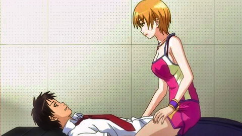 Anime orange-haired girl in pink dress straddles suited boy intimately