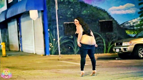 Hot BBW showing off big ass in tight pants and thong outdoors