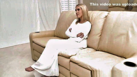 Pretty blonde teen in white dress, arms crossed, fetish rough vibe