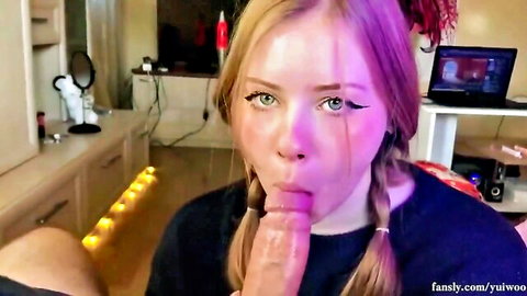 Gorgeous blonde with pigtails gives mind-blowing blowjob close-up