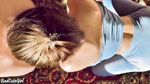 BadCuteGirl in tight yoga pants, sexy back view with curves exposed