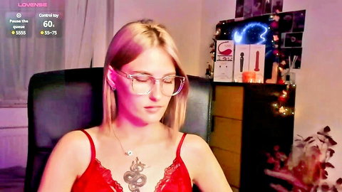 SummerDiana blonde camgirl in red lace lingerie and glasses with dragon tattoo