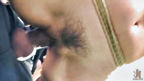 Marica Hase bound in ropes, Ramon Nomar penis near her mouth in BDSM scene