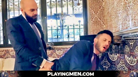 Two suited bearded businessmen in intense gay anal session