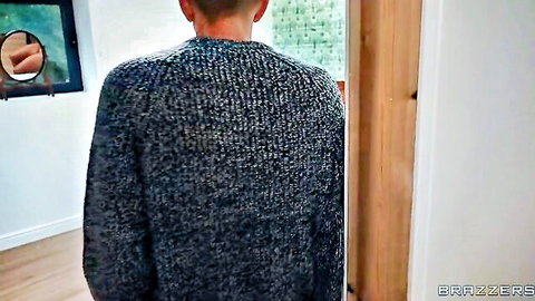 Man in gray sweater from behind near door in Slippery Sister-In-Law Brazzers scene
