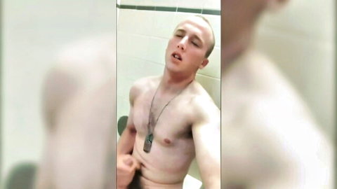 Muscular military stud with dog tags grabs his cock in steamy shower POV