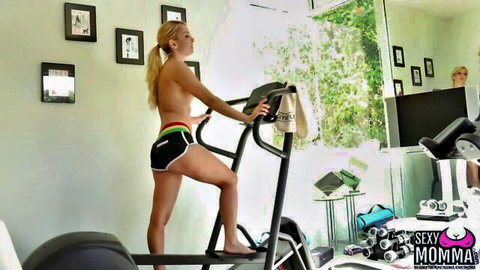 Taylor Whyte topless blonde working out on elliptical in shorts