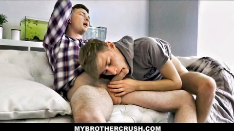 Gay twinks in stepbrothers taboo threesome, intimate oral play on couch