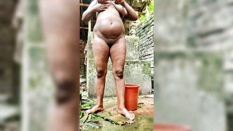 Pregnant Bengali village girl naked outdoor shower real amateur scene