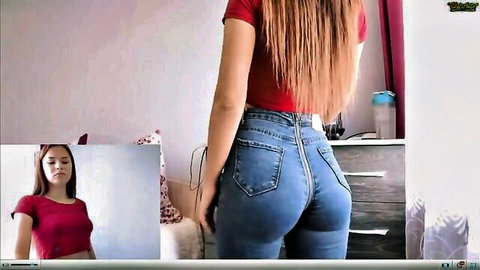 Petite amateur teen with perfect ass trying on super tight jeans
