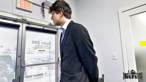 Tony in suit at office door for threesome with Lola Pearl & Amber Maddie