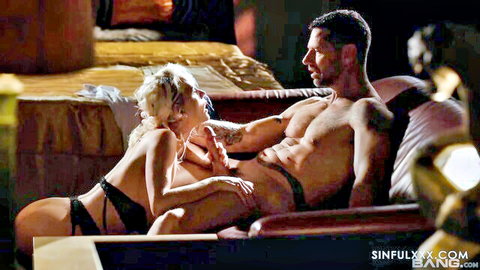 Blonde Lucette Nice in lingerie seduces tattooed George Uhl on bed