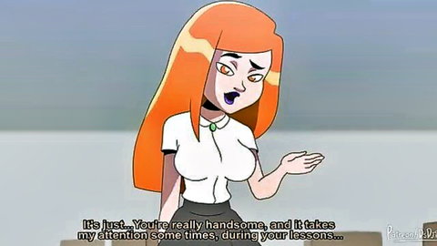 Animated orange-haired woman in tight white shirt confessing distraction to handsome neighbor
