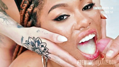 Sara Isabel in intense bukkake swallow scene, open mouth cumshot