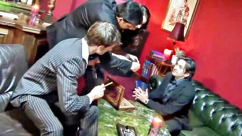 Suited men in gothic role-play scene with Victoria and Pascal