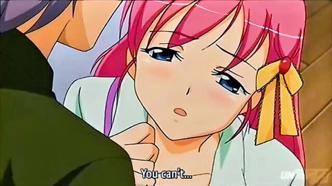 Anime pink-haired schoolgirl in uniform looks surprised as guy embraces her intimately