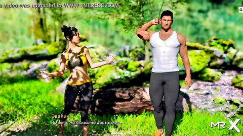 Busty Asian e-girl in camo bikini poses seductively with muscular hunk in jungle